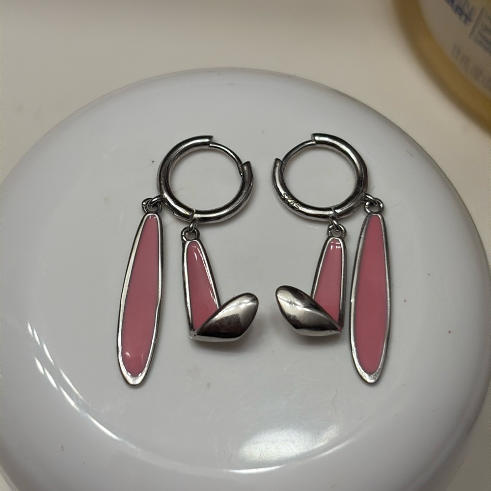 Sterling silver Pink Enamel bunny ear Drop Hoop Earrings - Women Jewelry